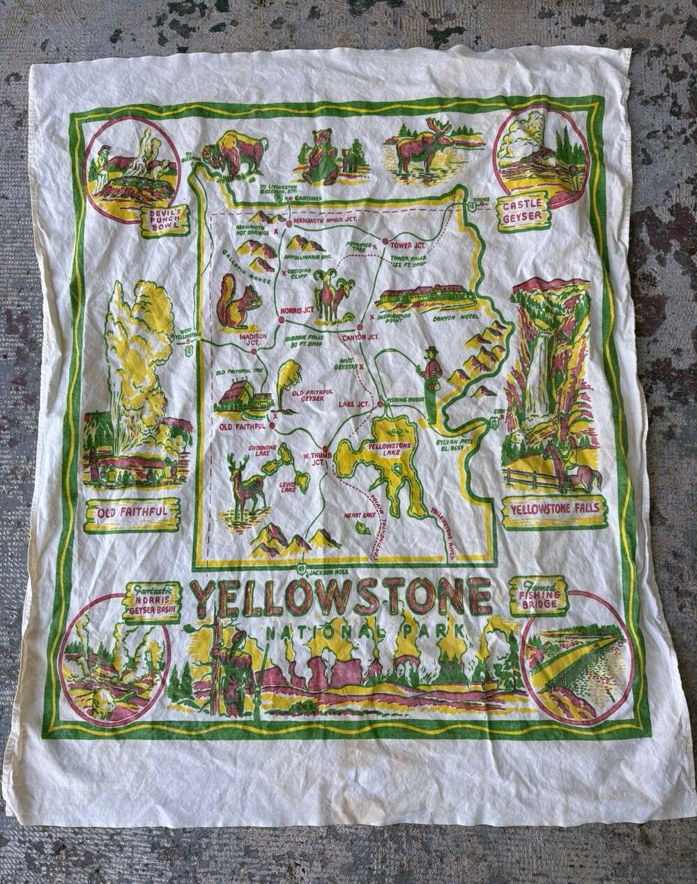 Vintage Yellowstone National Park Tablecloth Locations Map 30x37” - Stains
